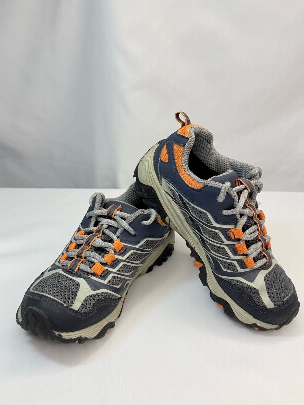 Merrell Moab Boys Size 12M Trail Running Shoes Navy Gray Orange Waterproof VGUC